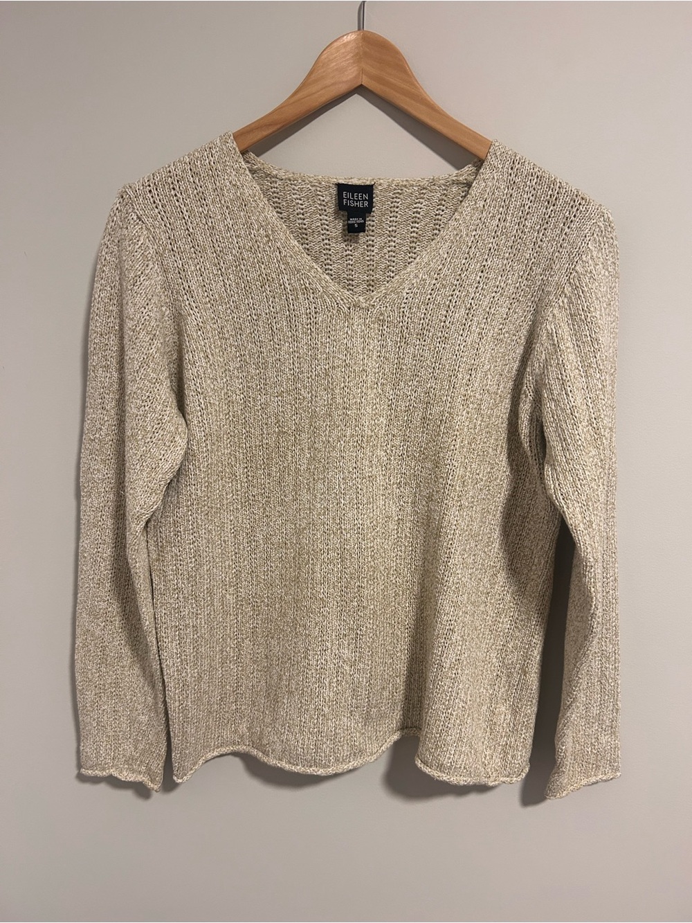 Eileen Fisher Cotton Knit V-Neck Sweater, Size Small, Neutral Beige
